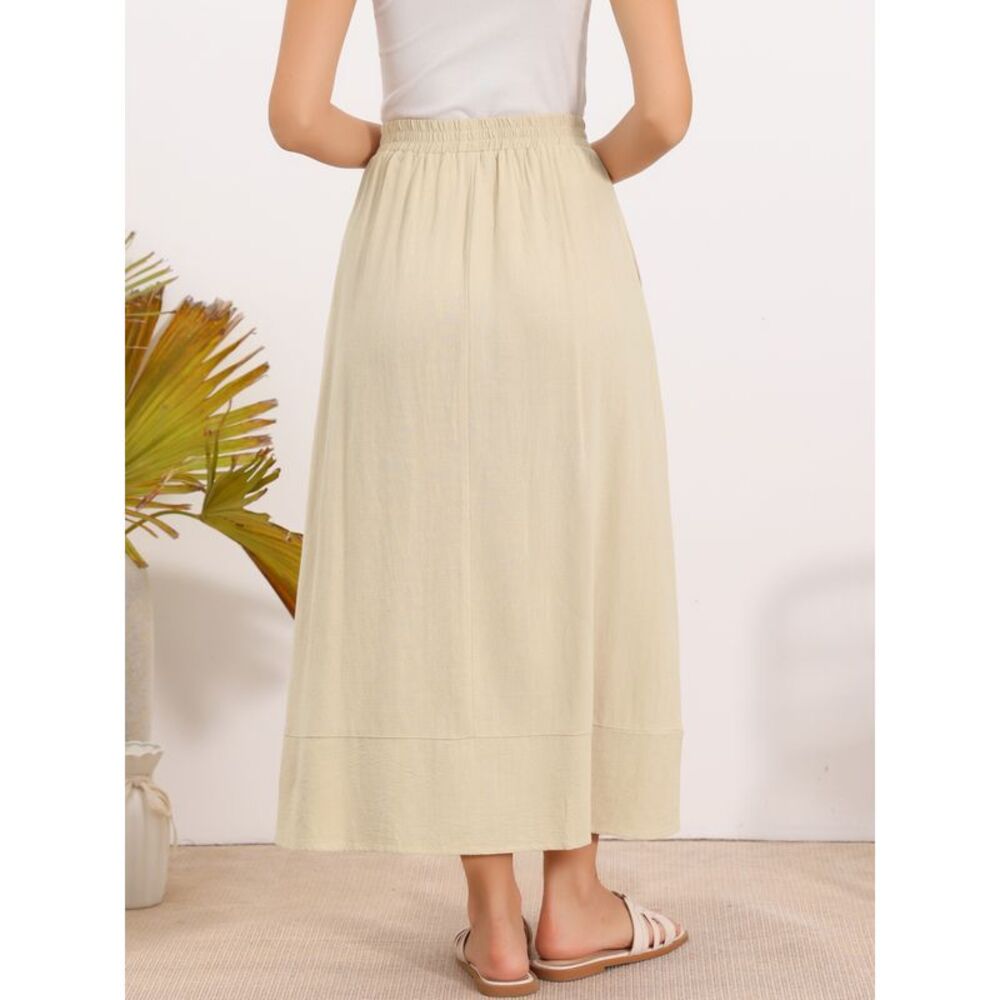 Women's Linen Skirt Summer Casual High Elastic Waist A-Line Midi Skirts Apricot - Picture 3 of 6